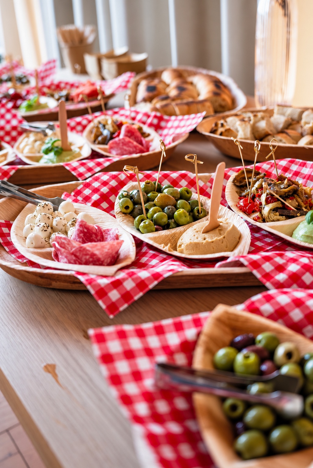 fingerfood-02-buffet Antipasti-Portionen mit Oliven, Mozzarella und Gemüse auf einem Catering-Buffet